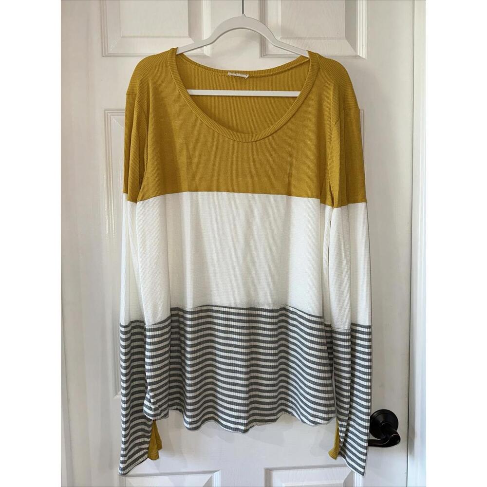Lovely Melody Women's 3XL Long Sleeve Top Mustard White Gray Colorblock Stripe